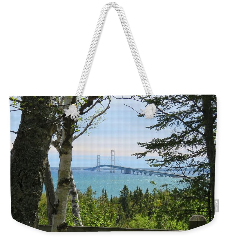 Mackinac Bridge Weekender Tote Bag featuring the photograph Mighty Mac From Straits State Park by Keith Stokes