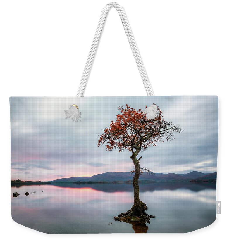 Loch Lomond Weekender Tote Bag featuring the photograph Milarrochy Bay Tree Sunset - Loch Lomond by Grant Glendinning