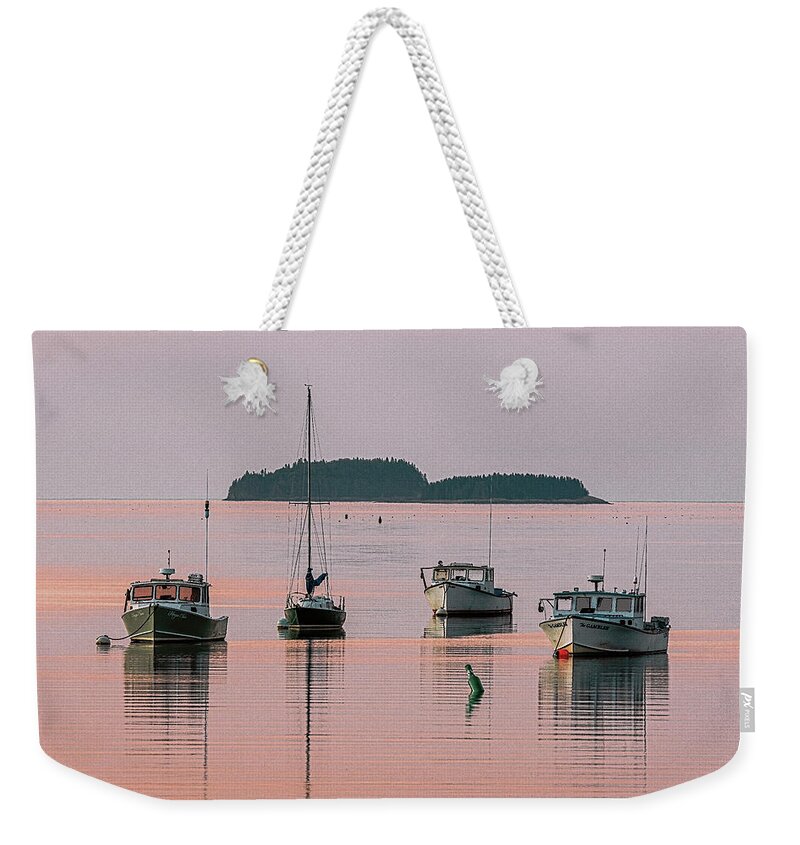Milbridge Boats At First Light Weekender Tote Bag featuring the photograph Milbridge Boats At First Light by Marty Saccone