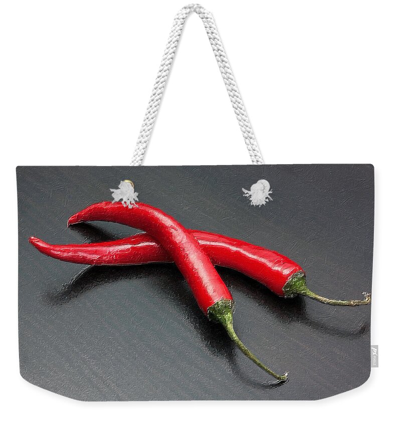 Spices Weekender Tote Bag featuring the painting Mild Medium Hot Fire Breathing Red Chili Peppers by Tony Rubino