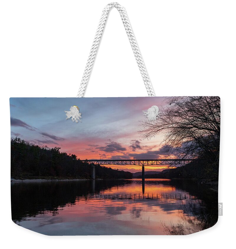 Sunset Weekender Tote Bag featuring the photograph Milford PA Bridge at Sunset by Amelia Pearn
