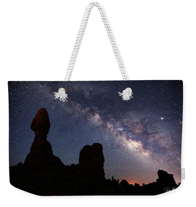 Night Weekender Tote Bag featuring the photograph Milky Way - Balanced Rock Silhouette by Dan Norris