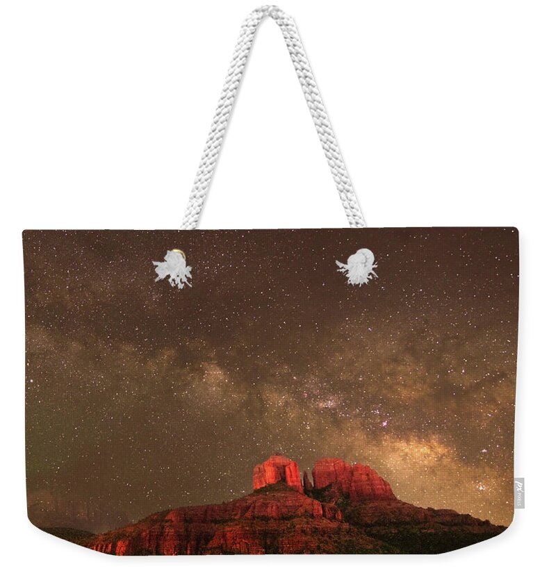 Milky Way Weekender Tote Bag featuring the photograph Milky way over Cathedral rock-2 by Nicole Zenhausern