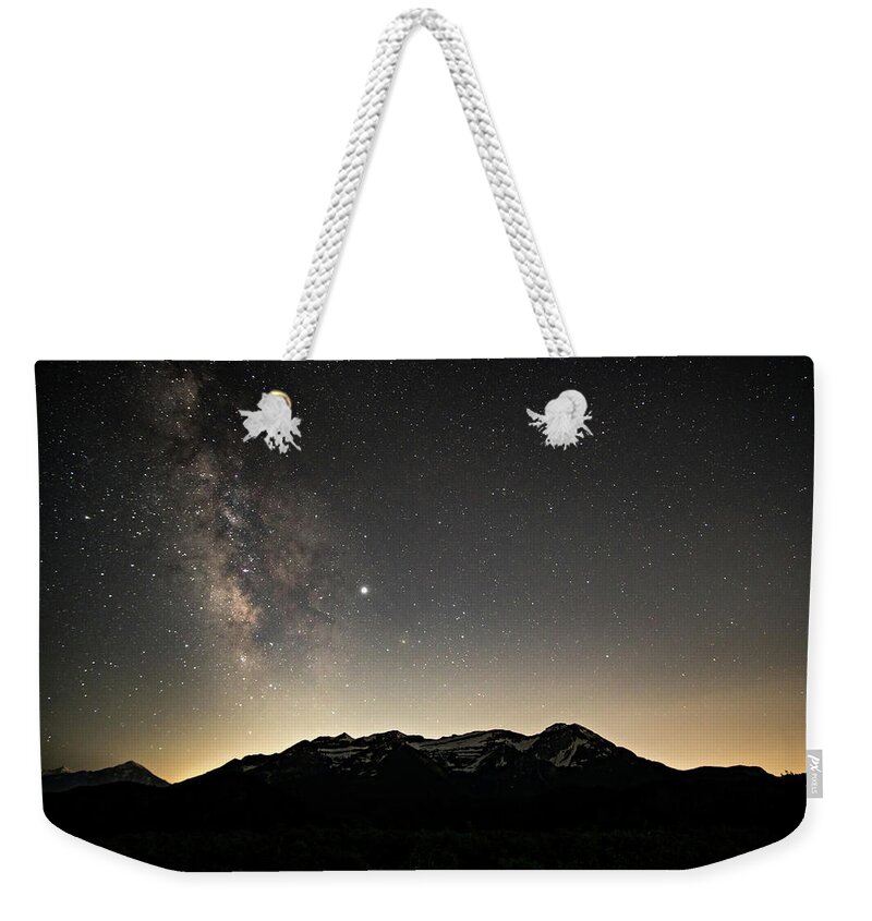 Timpanogos Mountain Weekender Tote Bag featuring the photograph Milky Way over Timpanogos by Wesley Aston