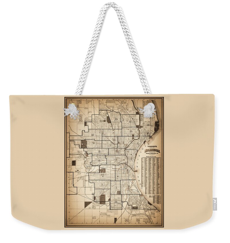 Milwaukee Weekender Tote Bag featuring the photograph Milwaukee Wisconsin Historical Vintage Map 1909 Sepia by Carol Japp
