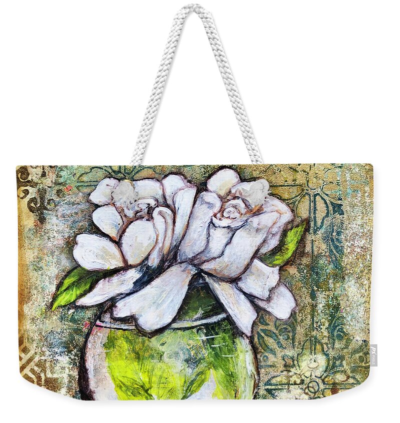 Gardenias Weekender Tote Bag featuring the mixed media Mimas Gardenias by Janis Lee Colon