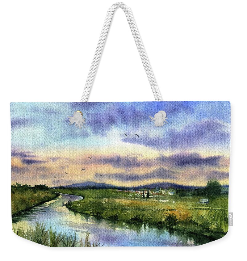 Portugal Weekender Tote Bag featuring the painting Minho River Portugal Painting by Dora Hathazi Mendes