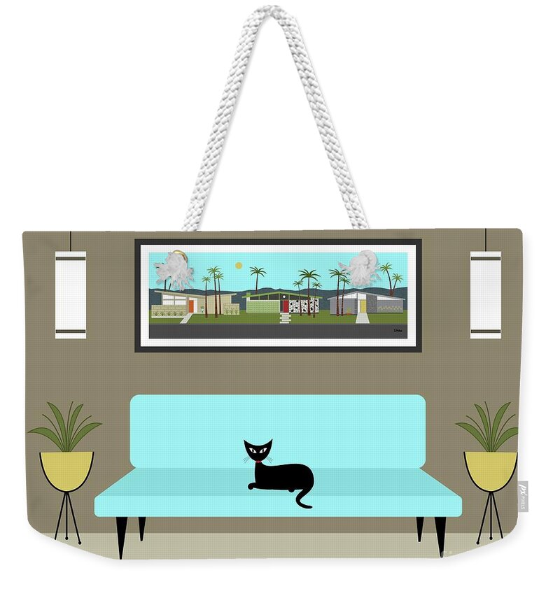 Mid Century Cat Weekender Tote Bag featuring the digital art Mini Mid Century Neighborhood by Donna Mibus