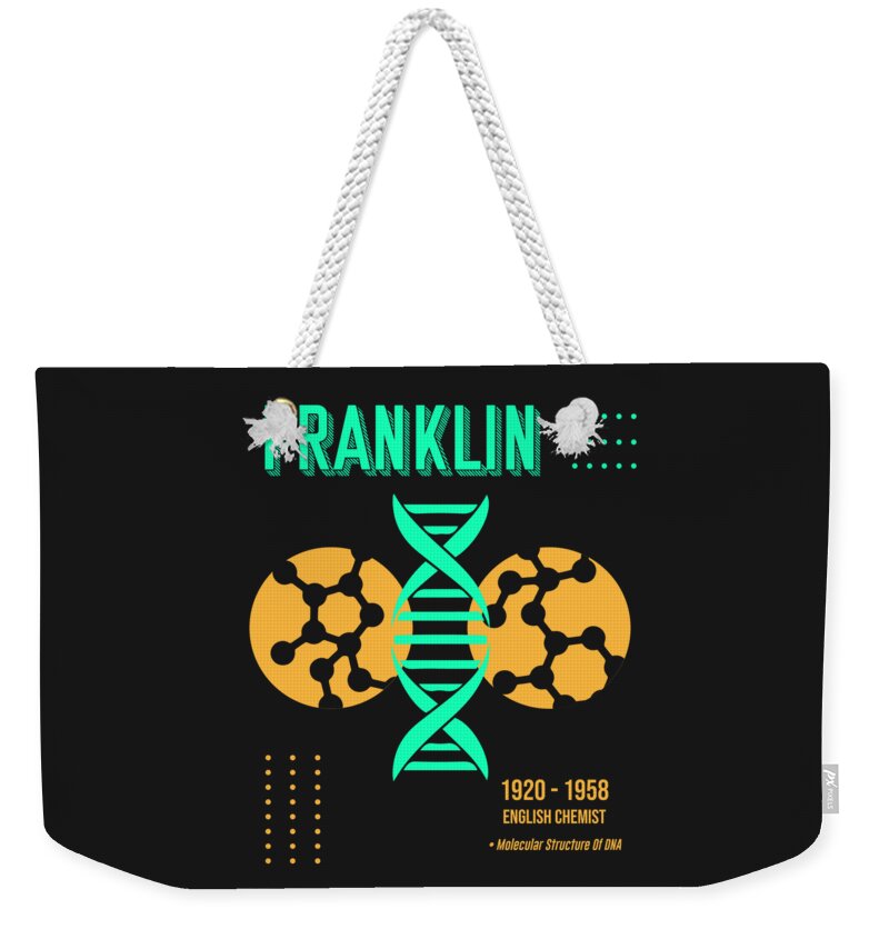 Science Poster Weekender Tote Bag featuring the digital art Minimal science Poster - Rosalind Franklin - British Chemist by Studio Grafiikka