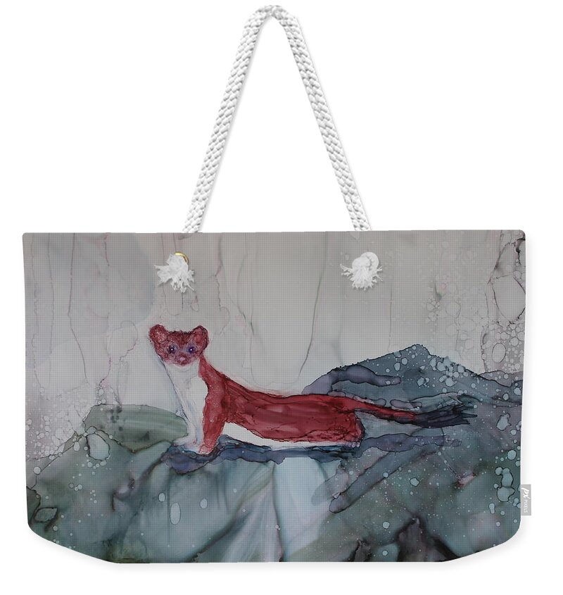 Mink Weekender Tote Bag featuring the painting Mink by a Waterfall by Ruth Kamenev