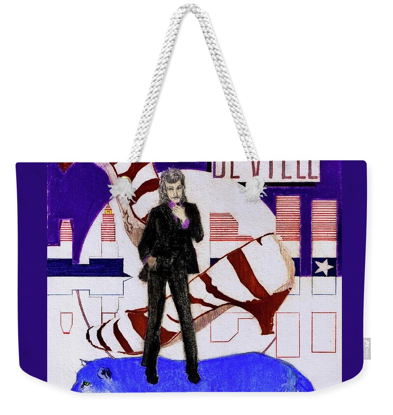 Willy Deville Weekender Tote Bag featuring the drawing Mink DeVille - Le Chat Bleu by Sean Connolly
