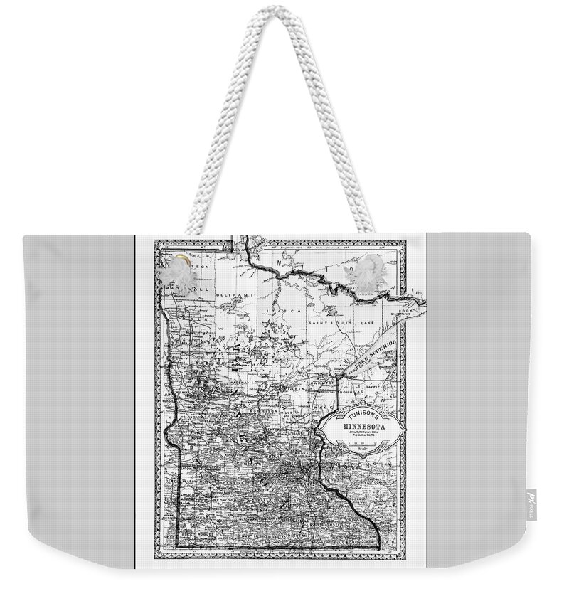 Minnesota Weekender Tote Bag featuring the photograph Minnesota Historical Map 1885 Black and White by Carol Japp