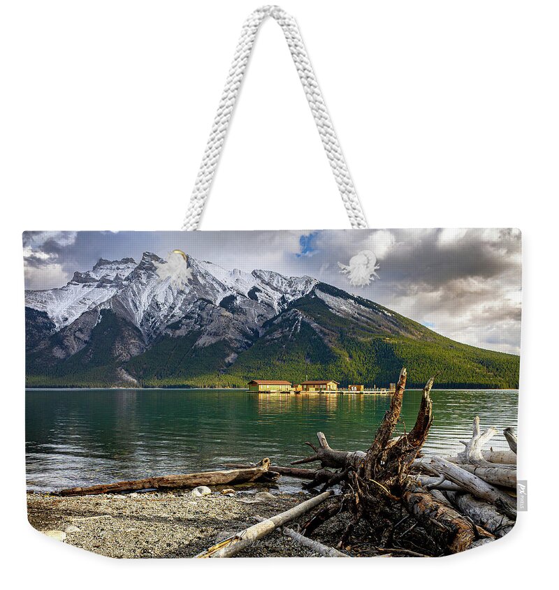 Lake Weekender Tote Bag featuring the photograph Minnewanka Boat House by Thomas Nay