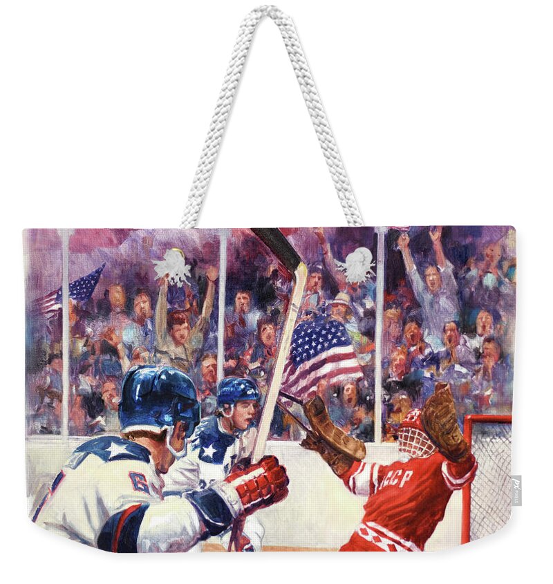 Dennis Lyall Weekender Tote Bag featuring the painting Miracle On Ice - USA Olympic Hockey Wins Over USSR by Dennis Lyall