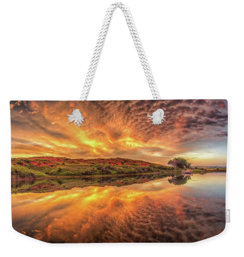 Mirror Weekender Tote Bag featuring the photograph Mirror Lake Sunrise Reflection by Fiskr Larsen