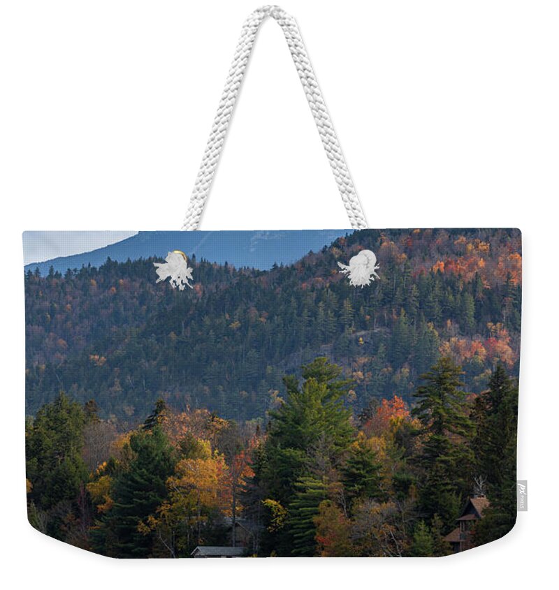 Lake Placid Weekender Tote Bag featuring the photograph Mirror Lake with Whiteface Mountain by Dave Niedbala