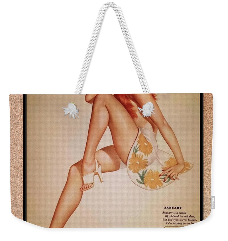 Miss January Weekender Tote Bag featuring the painting Miss January Varga Girl 1944 Pin-up Calendar by Alberto Vargas Vintage Pin-Up Girl Art by Rolando Burbon
