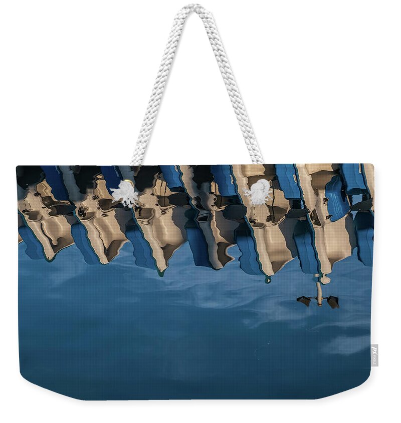 San Diego Weekender Tote Bag featuring the photograph Mission Bay Paddle Boats Reflection One by Glenn DiPaola