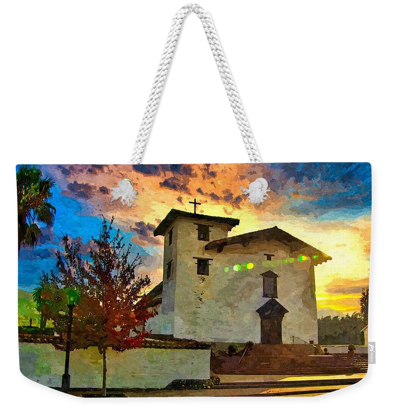 Mission San Jose Weekender Tote Bag featuring the digital art Mission San Jose in Fremont, California - watercolor painting by Nicko Prints