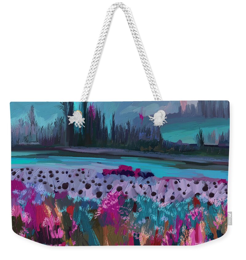 Landscape Weekender Tote Bag featuring the mixed media Misty Dawn over Harveys Field Southwell by Ann Leech