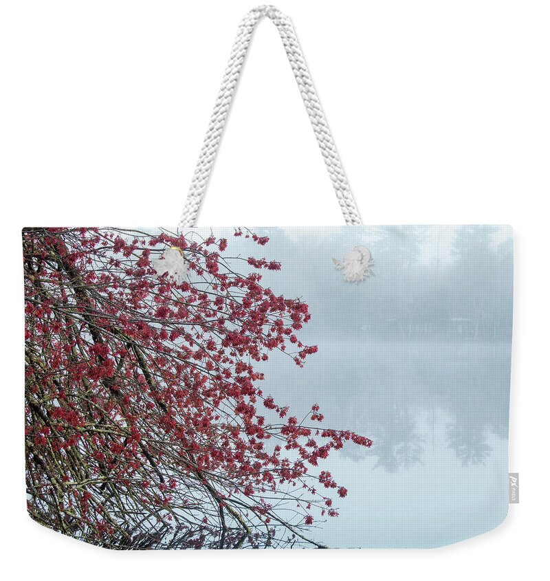 Acer Rubrum Weekender Tote Bag featuring the photograph Misty Maple Reflections by Kristia Adams