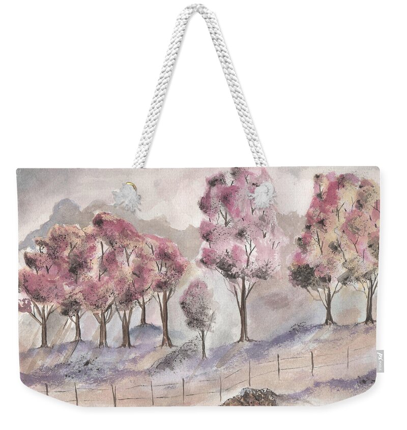 Trees Weekender Tote Bag featuring the painting Misty Trees by Bob Labno