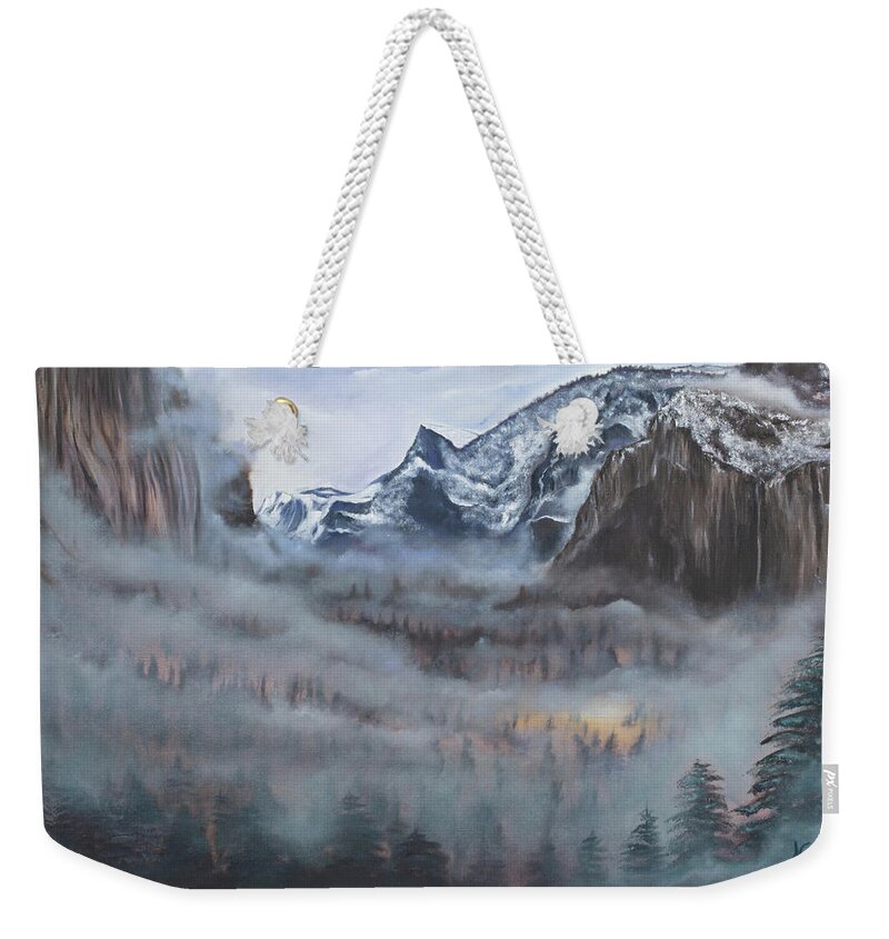 Yosemite Weekender Tote Bag featuring the painting Misty Vale by Neslihan Ergul Colley