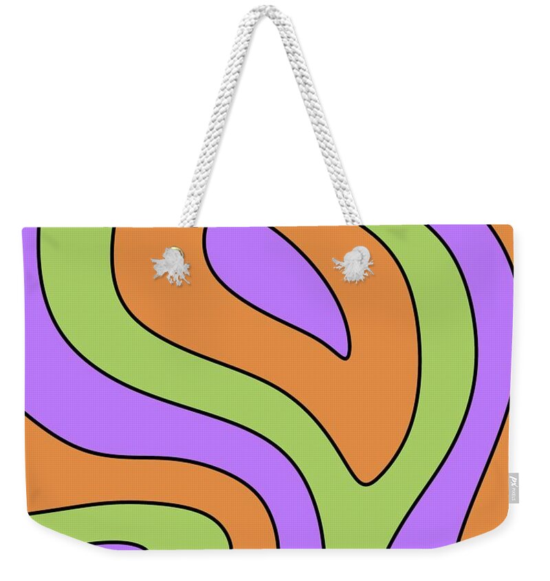 Modern Weekender Tote Bag featuring the digital art Mod Abstract in Orange Green and Purple by Donna Mibus