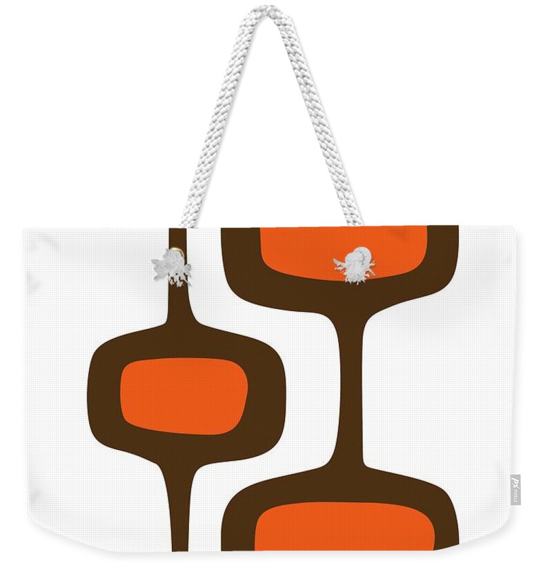 Mid Century Shapes Weekender Tote Bag featuring the digital art Mod Pod 2 Orange and Brown on White by Donna Mibus
