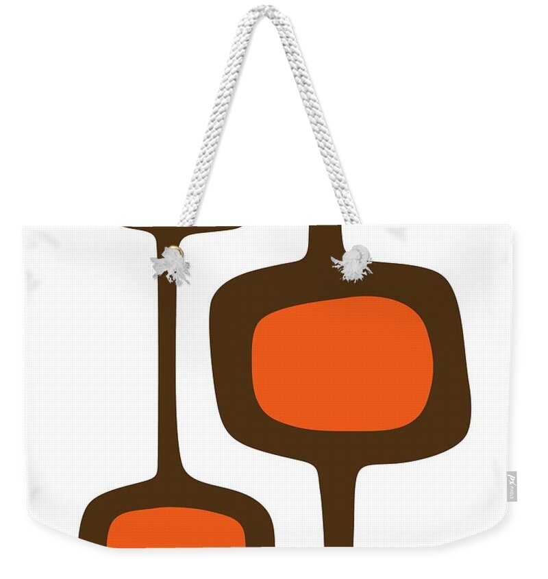 Mid Century Shapes Weekender Tote Bag featuring the digital art Mod Pod 3 Orange and Brown on White by Donna Mibus