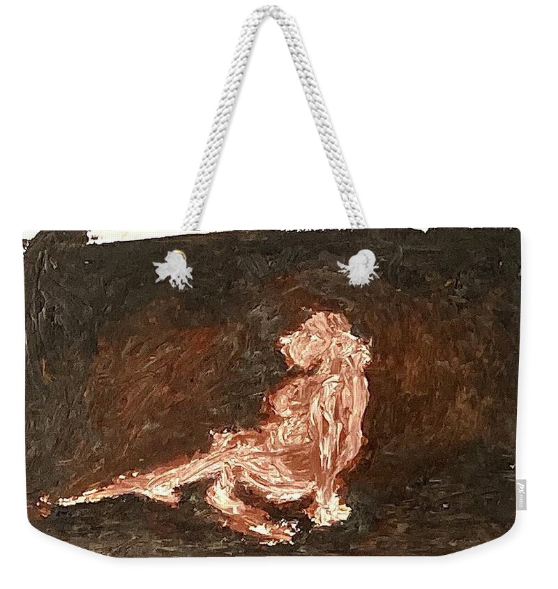 Pink Weekender Tote Bag featuring the painting Model sitting on the floor by David Euler