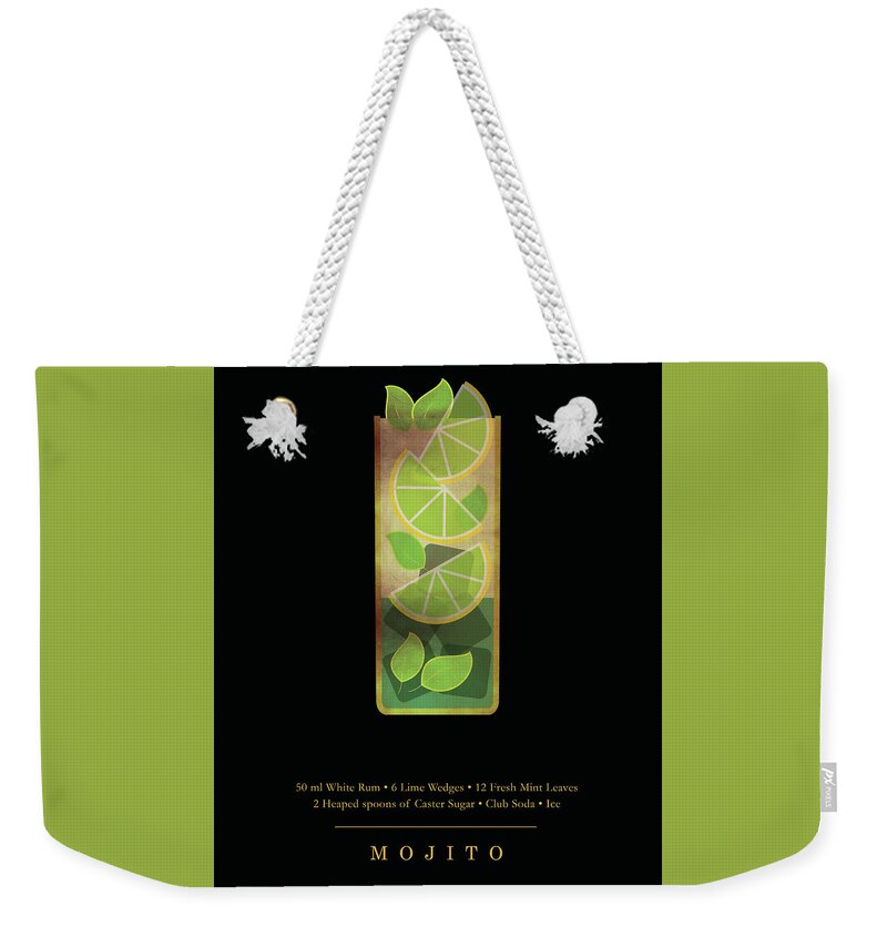 Mojito Weekender Tote Bag featuring the digital art Mojito Cocktail - Classic Cocktail Print - Black and Gold - Modern, Minimal Lounge Art by Studio Grafiikka