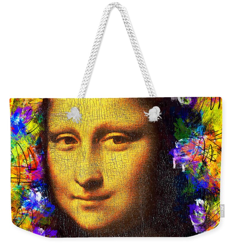 Mona Lisa Weekender Tote Bag featuring the digital art Mona Lisa golden colorful portrait - digital recreation by Nicko Prints