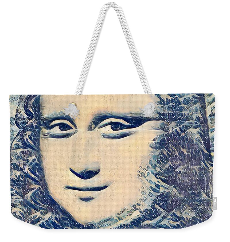Mona Lisa Weekender Tote Bag featuring the digital art Mona Lisa in the style of the Great Wave off Kanagawa - digital recreation by Nicko Prints