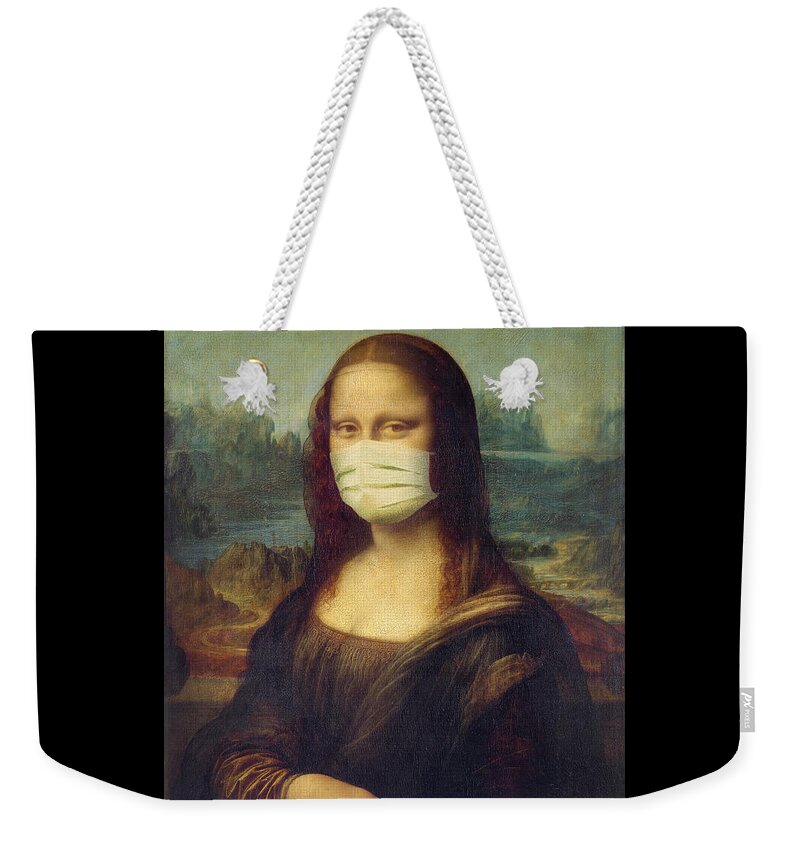 Mona Lisa Weekender Tote Bag featuring the painting Mona Lisa wearing a mask by Delphimages Photo Creations