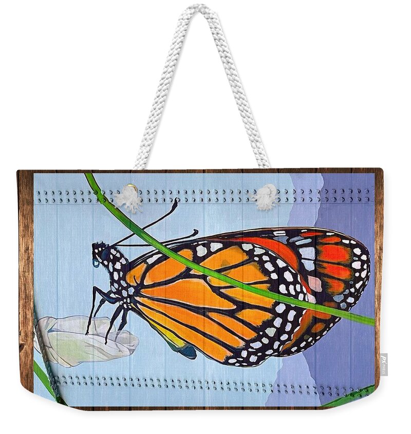 Butterfly Weekender Tote Bag featuring the digital art Monarch On Wood by Steven Parker