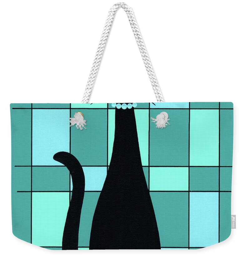 Mid Century Modern Cat Weekender Tote Bag featuring the painting Mondrian Cat in Blue, Green and Teal by Donna Mibus