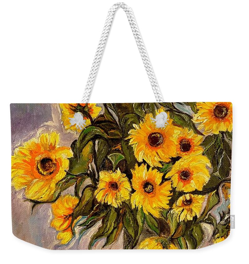 Sunflowers Weekender Tote Bag featuring the painting Monets Sunflowers by Anitra by Anitra Handley-Boyt