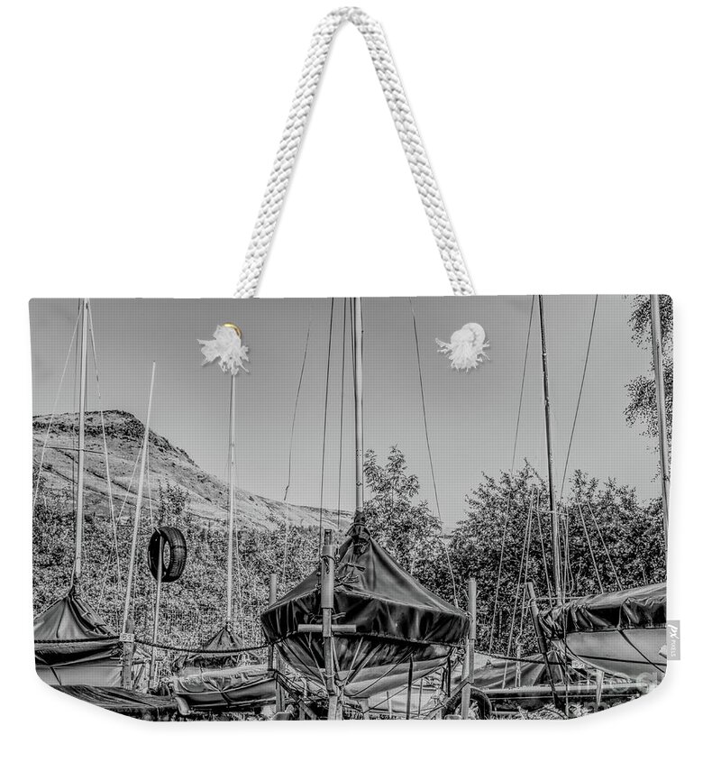  Dove Stone Reservoir Weekender Tote Bag featuring the photograph Monochrome, Boatyard-Dove Stones by Pics By Tony