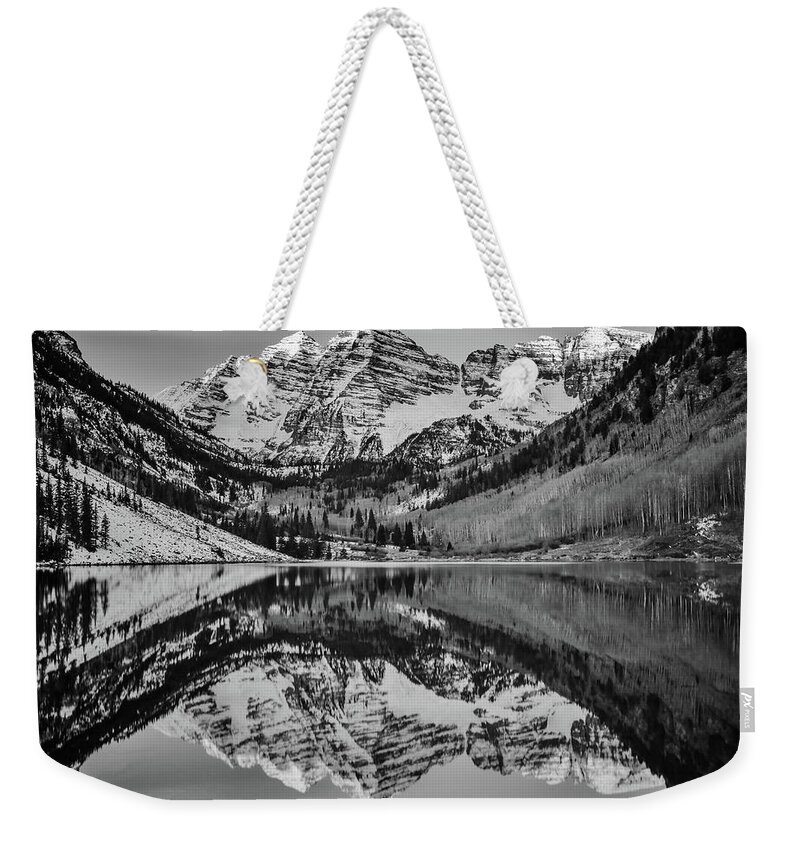 Maroon Bells Weekender Tote Bag featuring the photograph Monochrome Maroon by Darren White