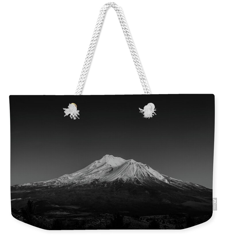 Mountain Weekender Tote Bag featuring the photograph Monochrome Mount Shasta by Ryan Workman Photography