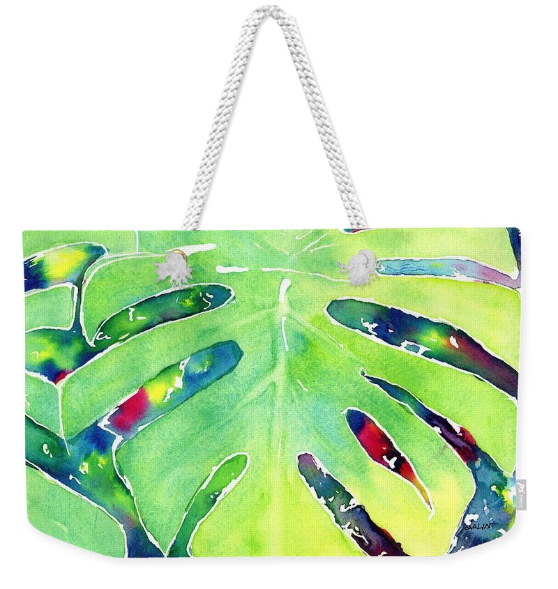 Leaf Weekender Tote Bag featuring the painting Monstera Tropical Leaves 1 by Carlin Blahnik CarlinArtWatercolor