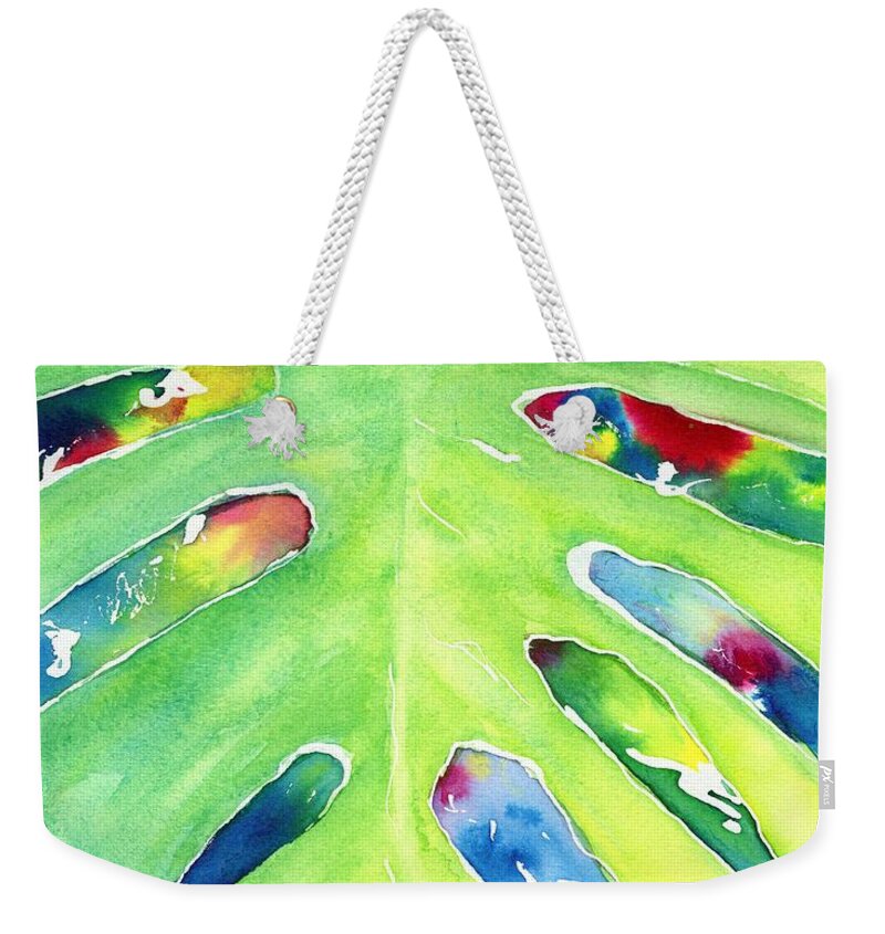 Leaf Weekender Tote Bag featuring the painting Monstera Tropical Leaves 2 by Carlin Blahnik CarlinArtWatercolor