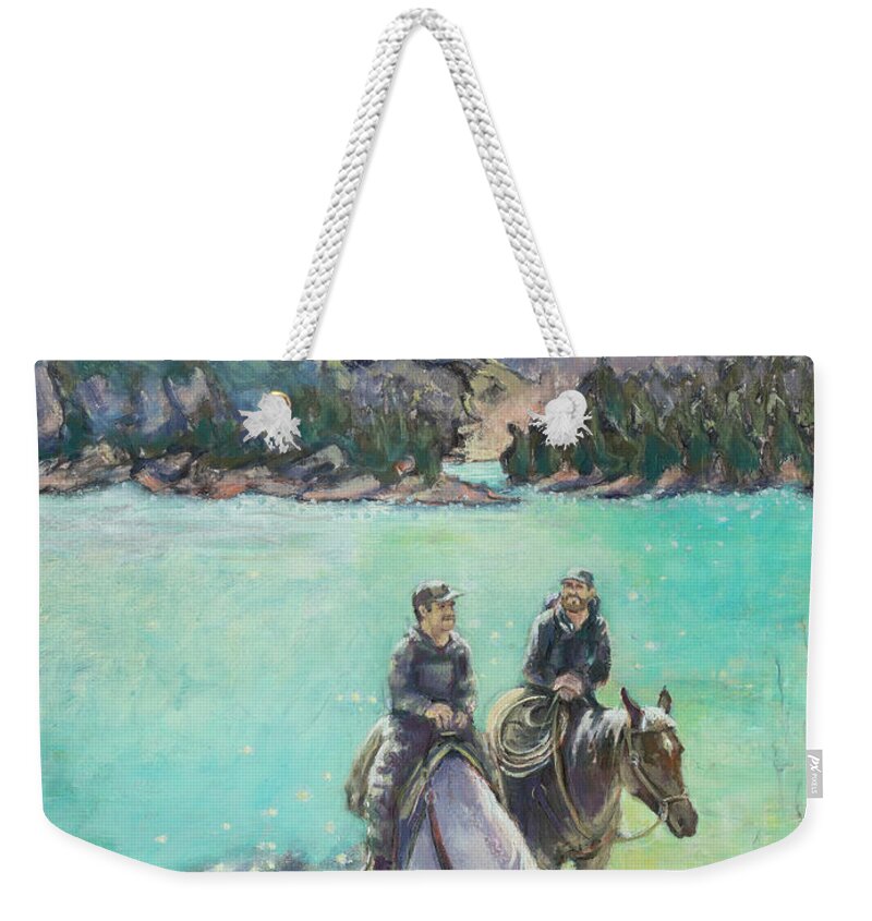 Montana Weekender Tote Bag featuring the painting Montana on Horseback by PJ Kirk