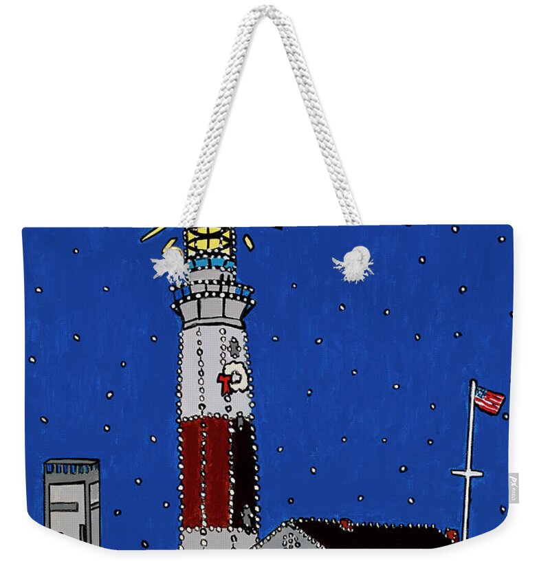 Montauk Lighthouse Christmas Weekender Tote Bag featuring the painting Montauk Christmas Lights by Mike Stanko