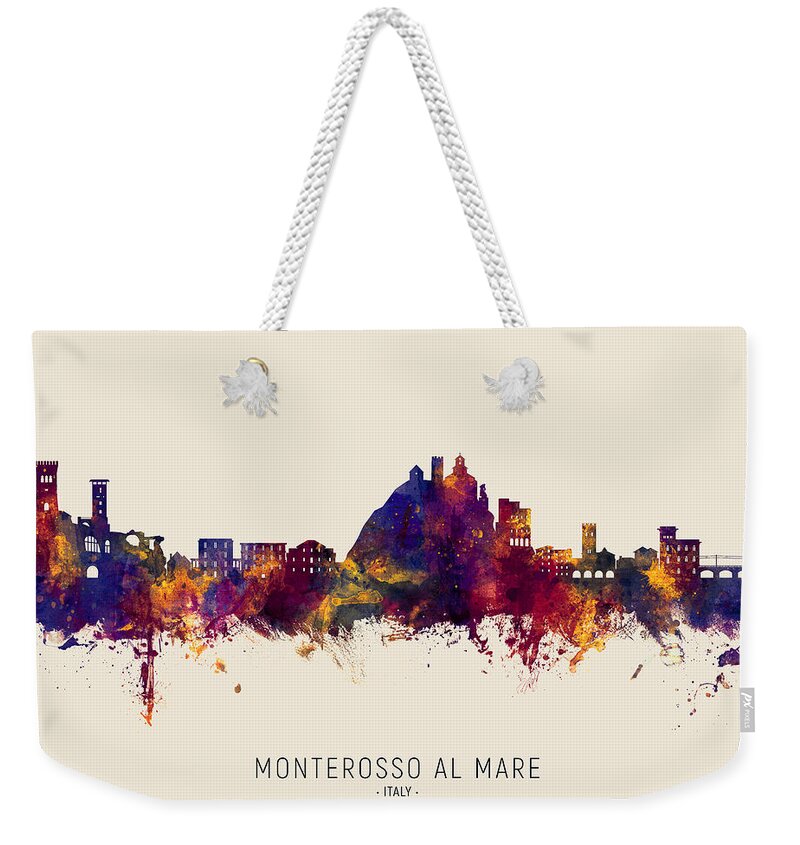 Monterosso Al Mare Weekender Tote Bag featuring the digital art Monterosso al Mare Italy Skyline #35 by Michael Tompsett