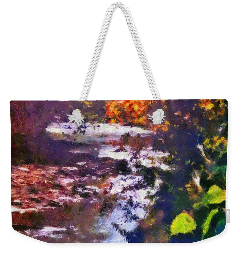 Montour Creek Weekender Tote Bag featuring the mixed media Montour Creek in the 1990s by Christopher Reed