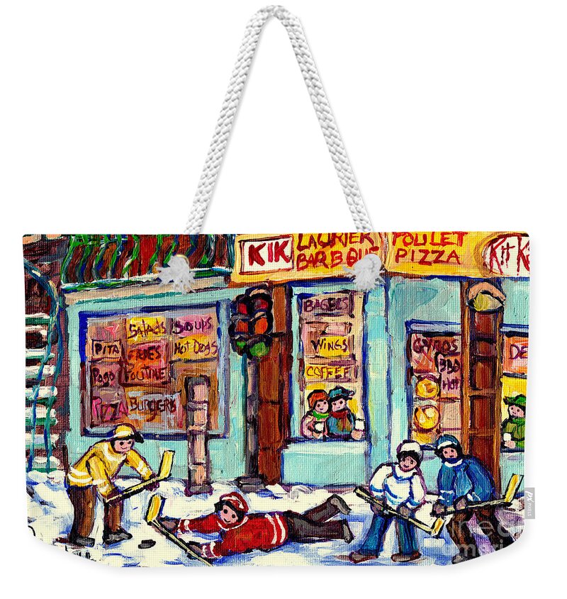 Montreal Weekender Tote Bag featuring the painting Montreal Winter Scene Painting Hockey Game At Laurier Bbq C Spandau Canadian Artist Quebec Art    by Carole Spandau