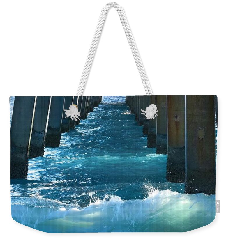 Pier Weekender Tote Bag featuring the photograph Moody Blue Under the Pier by Rebecca Herranen