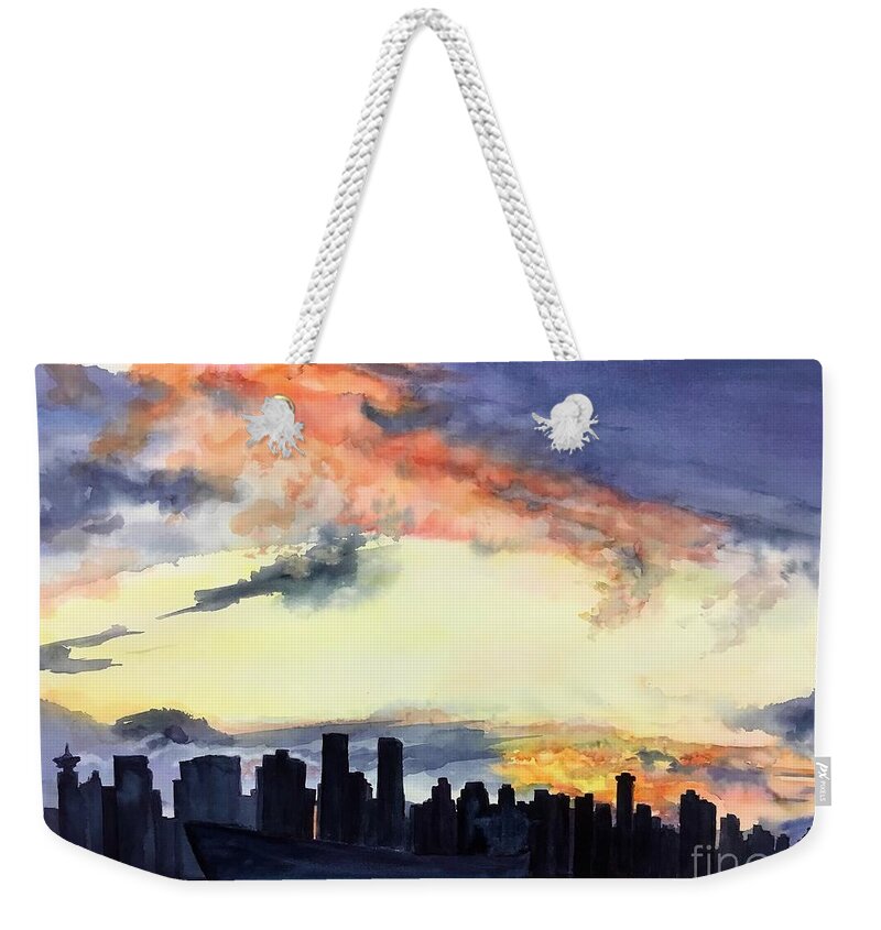 Vancouver Skyline Weekender Tote Bag featuring the painting Moody Blues by Sonia Mocnik